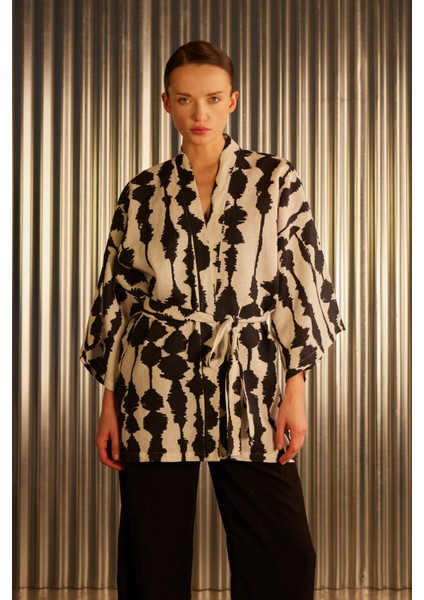 Kadın Keten Dokuma Yırtmaç Detaylı Kimono modelleri