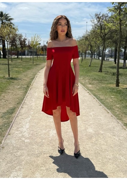 Kadın Kısa Kollu Madonna Yaka Önü Kısa Arkası Uzun Ithal Krep Elbise fiyatları