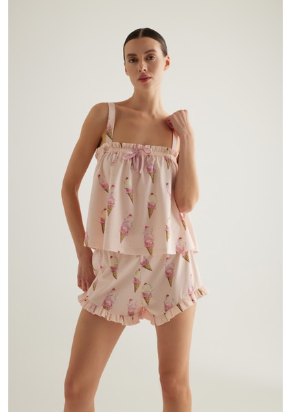 Kadın Pamuklu Yakası Büzgülü Kalın Askılı Atlet Pijama Üstü