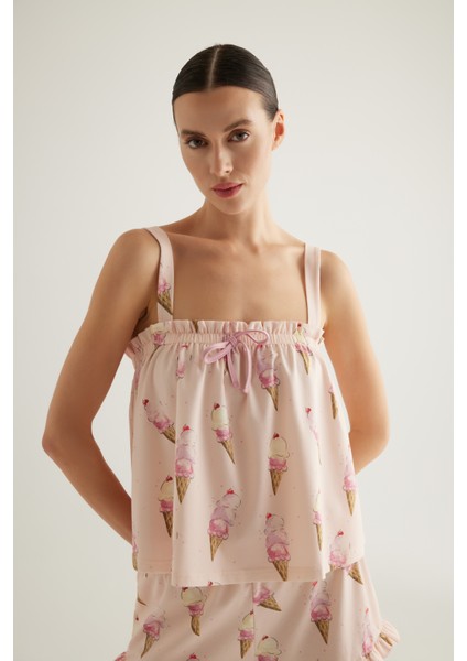 Kadın Pamuklu Yakası Büzgülü Kalın Askılı Atlet Pijama Üstü fiyatları