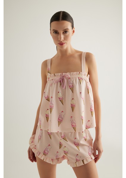 Kadın Pamuklu Yakası Büzgülü Kalın Askılı Atlet Pijama Üstü modelleri