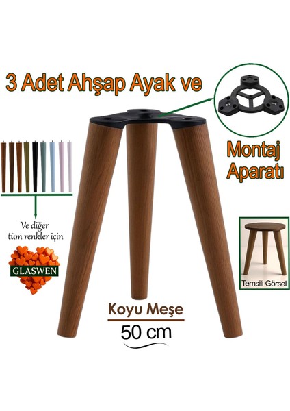 3 Adet Ahşap Ayak 50 cm Koyu Meşe M8 Civatalı Bağlantı Aparatlı Mobilya Tabure Sehpa Masa Destek Ayağı