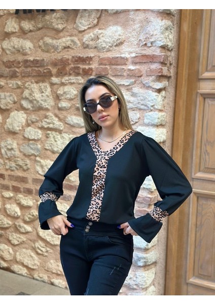 Kadın Uzun Kollu Leopar V Yakalı Krep Bluz modelleri
