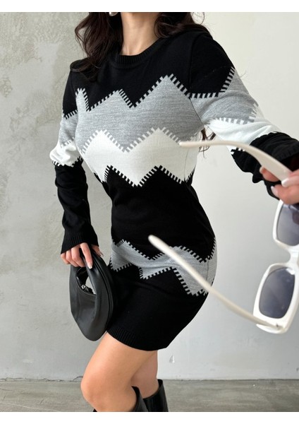 Kadın Uzun Kollu Zigzag Desen Triko Elbise fiyatları