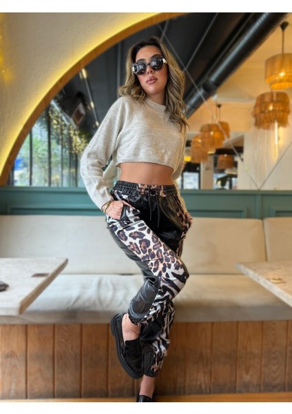 Kadın Bel ve Paça Lastikli Detay Yanları Leopar Detay Bağcıklı Deri Pantolon fırsatları