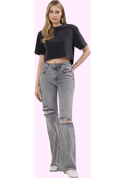 Kadın Yırtık Detaylı Geniş Paça Uzun Boy Denim Jean Günlük Stil Yaz Aylarının Vazgeçilmezi