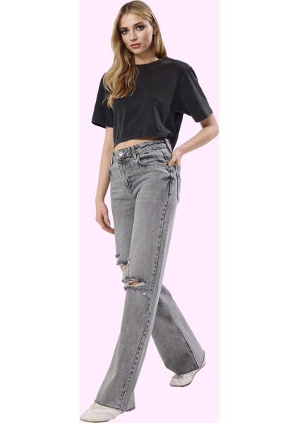Kadın Yırtık Detaylı Geniş Paça Uzun Boy Denim Jean Günlük Stil Yaz Aylarının Vazgeçilmezi fiyatları