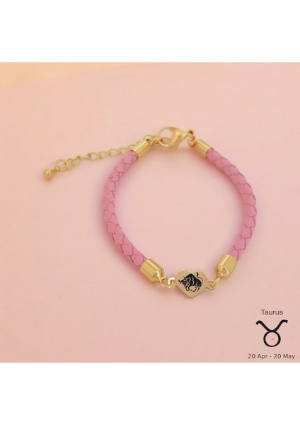 14 Ayar Plakalı Altın Boğa Burçlarına Özel Kalp Figürlü Pembe Derili Hediye BILEKLIK-473BURÇ