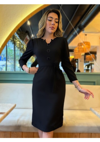Kadın Uzun Kollu Düğme Detaylı Kendinden Kemerli Ithal Krep Elbise