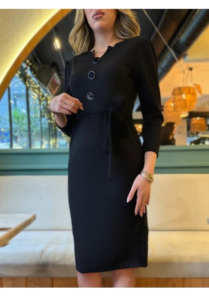 Kadın Uzun Kollu Düğme Detaylı Kendinden Kemerli Ithal Krep Elbise fiyatları