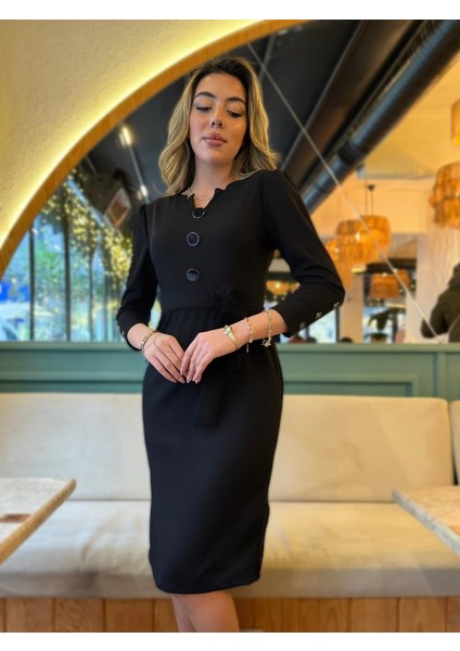 Kadın Uzun Kollu Düğme Detaylı Kendinden Kemerli Ithal Krep Elbise modelleri