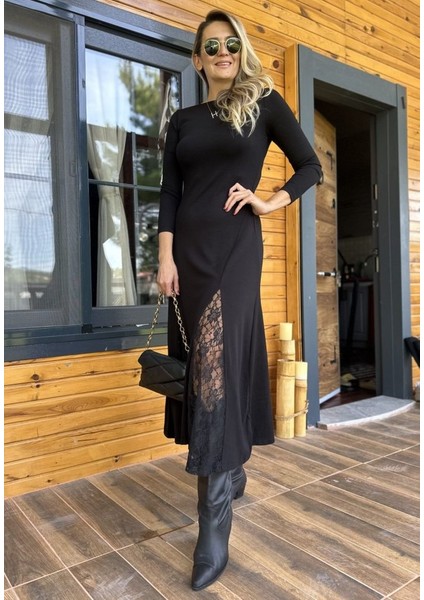 Kadın Uzun Kollu Bisiklet Yaka Sırt Dekolteli Dantel Yırtmaçlı Uzun Krep Elbise indirimleri