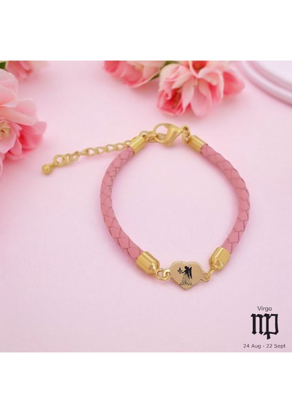 Altın Plakalı 14 Ayar Başak Burçlarına Özel Pembe Derili Kalp Figürlü Hediye BILEKLIK-473BURÇ