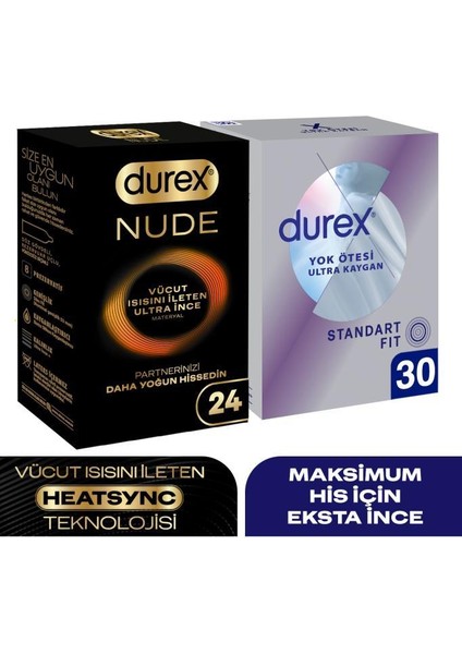 Nude Ultra Ince 24’lü + Yok Ötesi Ultra Kaygan Standart Fit Prezervatif 30’lu Set