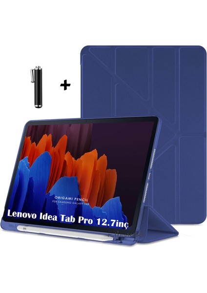 Lenovo Idea Tab Pro 12.7 Inç 2025 Kılıf Kalem Bölmeli Katlanabilir Standlı Koruyucu Yumuşak Silikon Akıllı Kapak + Dokunmatik Kalem 2li Set