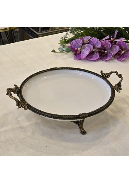 Metal Çerçeveli Yuvarlak Porselen Servis Tabağı 30 cm Antik