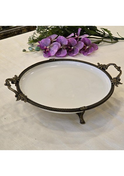Metal Çerçeveli Yuvarlak Porselen Servis Tabağı 30 cm Antik fiyatları