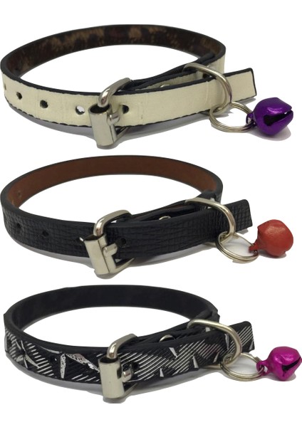 3 Adet Deri Kedi Tasması Zilli Set 30 cm