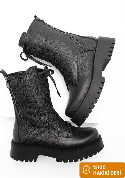 Kadın Hakiki Deri Postal Bot Kalın Tırtıklı Taban Fermuarlı Bağcıklı Günlük Bot Orben Siyah fiyatları