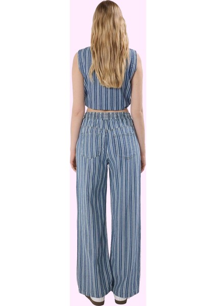 Kadın Çizgili Geniş Paça Pantolon Yüksek Bel Denim Yazlık Günlük Kullanım Kaliteli Malzeme modelleri