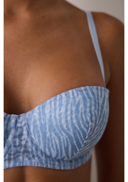 Açık Mavi Bloom Dantelli Balenli Dolgusuz Straplez Sütyen