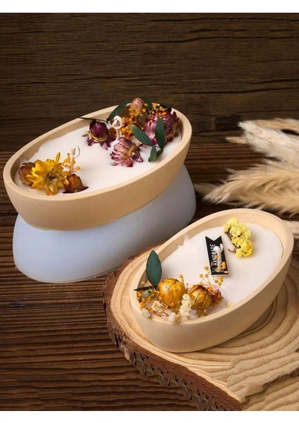 2 Adet Kuru Çiçek ve Kozalaklarla Süslü Dekoratif Sandal Mum Kokulu Doğal Soya Mum Aromaterapi Mum