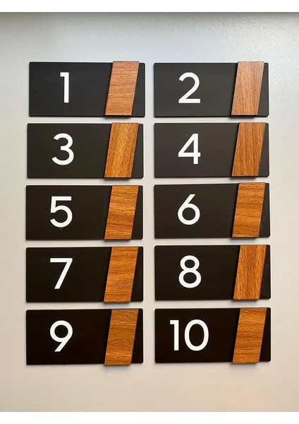 Modern Kapı Numarası 10’lu Set | 15X7 cm | Siyah Pleksi & Ceviz Mdf | Kendinden Yapışkanlı