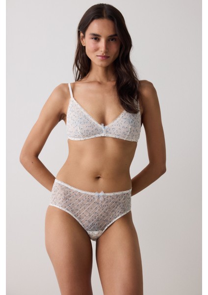 Ekru Çiçek Desenli Balensiz Dolgusuz Üçgen Sütyen fiyatları