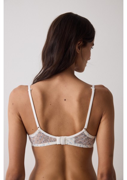 Ekru Çiçek Desenli Balensiz Dolgusuz Üçgen Sütyen