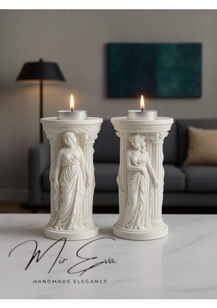 🗿 Antik Yunan Stili Ikili Dekoratif Sütun Biblo Seti – Taş Tozu Heykel – Şık Ev Dekoru