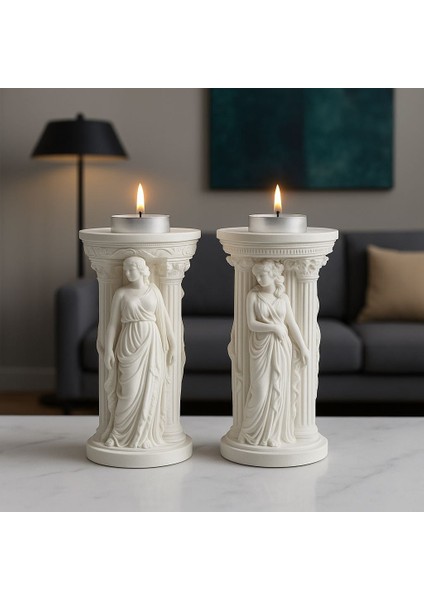 🗿 Antik Yunan Stili Ikili Dekoratif Sütun Biblo Seti – Taş Tozu Heykel – Şık Ev Dekoru modelleri