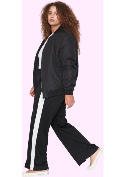 Kadın Renk Bloklu Desenli Geniş Paça Pantolon Yüksek Bel Örme Krep Kumaş Dayanıklı Malzeme