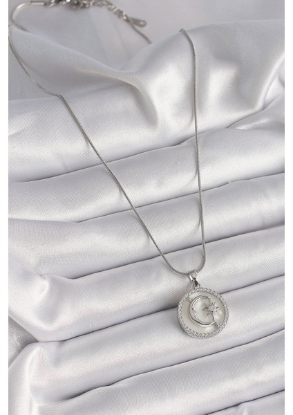 316L Çelik Gümüş Renk Zincir Zirkon Taş Detaylı Beyaz Sedefli Ay Yıldız Işleme Kadın Kolye - TJ-BKO9639 fiyatları