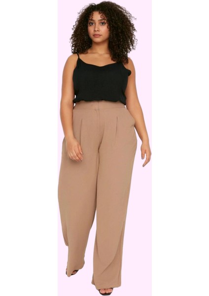 Kadın Geniş Paça Pileli Pantolon Yüksek Bel Fermuarlı Dokuma Kumaş Yaz Aylarının Vazgeçilmezi