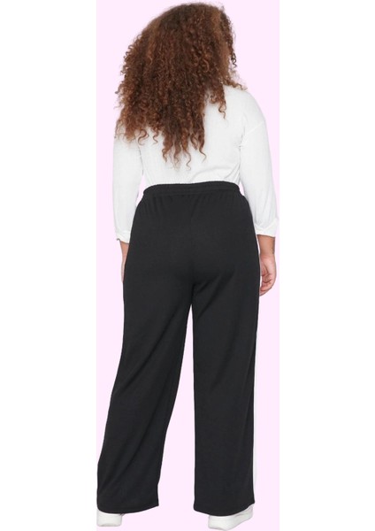 Kadın Renk Bloklu Desenli Geniş Paça Pantolon Yüksek Bel Örme Krep Kumaş Dayanıklı Malzeme modelleri