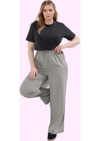 Kadın Relaxed Siluet Geniş Paça Yazlık Pantolon Rahat Kalıp Keten Görünümlü Günlük Kullanım