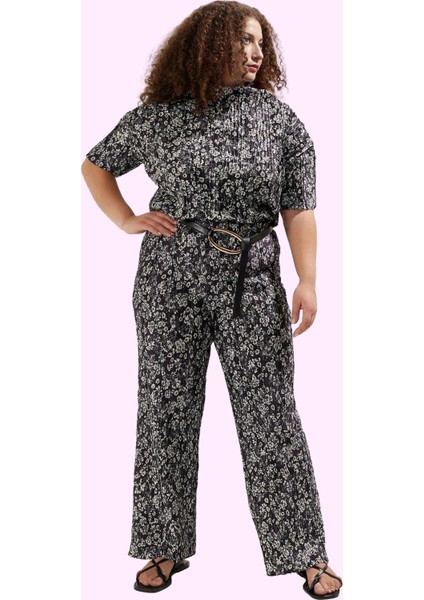 Kadın Büyük Beden Çiçek Desenli Geniş Paça Pantolon Yüksek Bel Örme Rahat Günlük Hafta Sonu