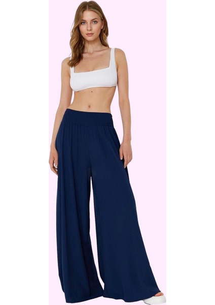 Kadın Yazlık Crinkle Dokuma Geniş Paça Pantolon Rahat ve Şık Günlük Kullanım Modern Tasarım