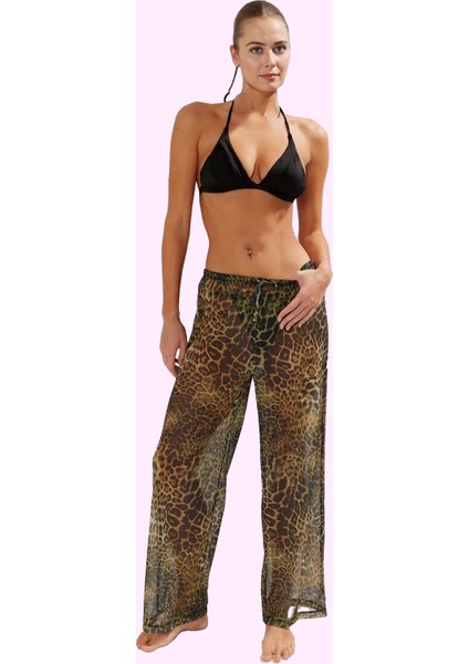 Kadın Uzun Boy Örme Boru Paça Plaj Pantolonu Çok Leopar Desenli Normal Bel Yazlık Günlük Kullanım