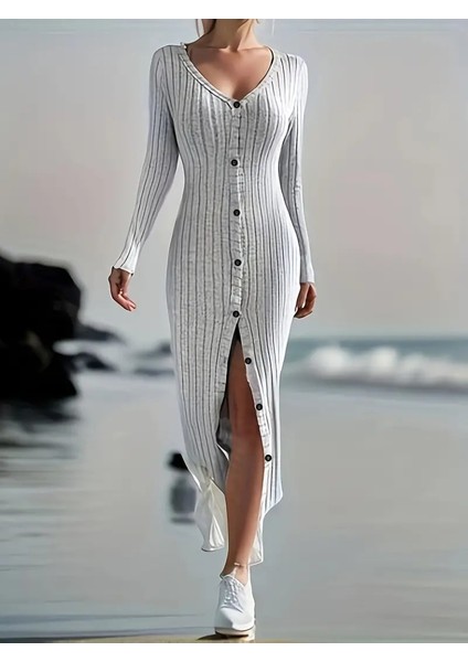 Kadın Uzun Kollu V Yakalı Önden Düğmeli Şardonlu Kaşkorse Elbise fiyatları