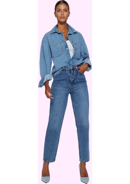 Kadın Pamuk Mom Jean Denim Pantolon Yüksek Bel Regular Boy Günlük Kullanım Kaliteli Malzeme