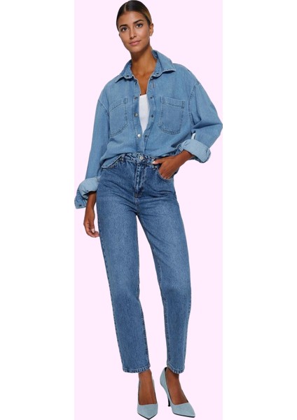 Kadın Pamuk Mom Jean Denim Pantolon Yüksek Bel Regular Boy Günlük Kullanım Kaliteli Malzeme fiyatları