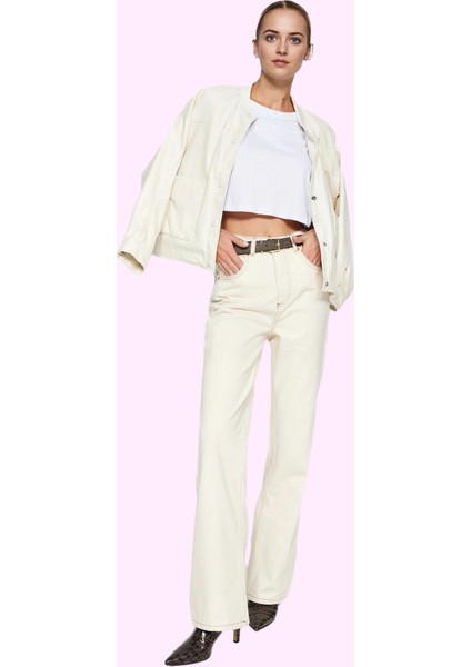 Kadın Pamuk Denim Pantolon Yüksek Bel Geniş Paça Yazlık Model Günlük Kullanım Modern Tasarım