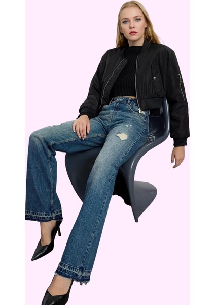 Kadın Pamuk Wide Leg Jean Yırtık Detaylı Rahat Günlük Kombinler Yaz Aylarının Vazgeçilmezi