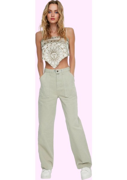 Kadın Pamuk Denim Jean Pantolon Basic Yüksek Bel Geniş Paça Yaz Aylarının Vazgeçilmezi