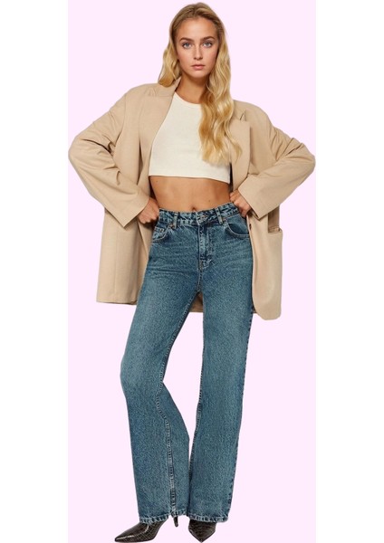 Kadın Denim Pantolon Yüksek Bel Geniş Paça Pamuk Günlük ve Şık Hafta Sonu Kaliteli Malzeme modelleri