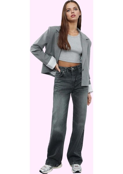 Kadın Pamuk Denim Jean Pantolon Yüksek Bel Geniş Paça Rahat Kalıp Yaz Aylarının Vazgeçilmezi