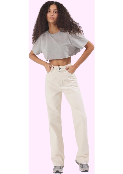 Kadın Pamuk Straight Jean Pantolon Yüksek Bel Geniş Paça Günlük Kullanım Dayanıklı Malzeme