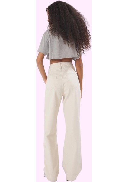 Kadın Pamuk Straight Jean Pantolon Yüksek Bel Geniş Paça Günlük Kullanım Dayanıklı Malzeme fiyatları