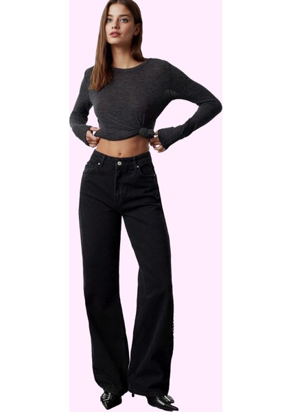 Kadın Pamuk Denim Jean; Yüksek Bel Geniş Paça Regular Boy Günlük Kullanım Kaliteli Malzeme fiyatları